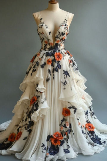 Niulatu A-line Wedding Dress ??Chiffon 3D Applique Evening Dress HZ1026